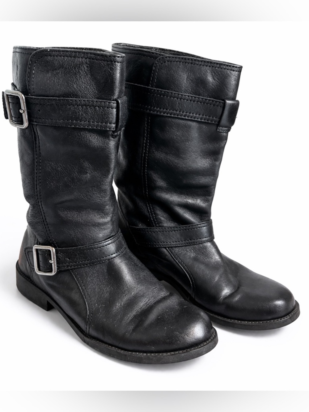 Kenneth Cole Reaction Black Mid-Calf Riding Boots Buckle Strap Low Heel Size 8.5 - Picture 2 of 4